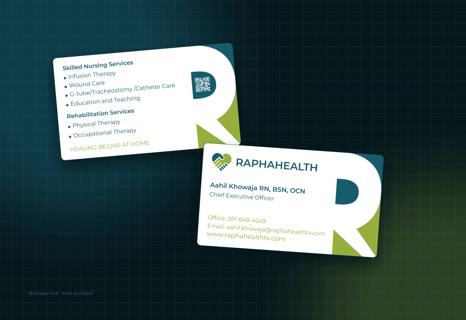 The business card, front and back: the heart-from-hands mark and RAPHAHEALTH wordmark on the front with the name, title and contact lines, and the service list with the tagline on the back.