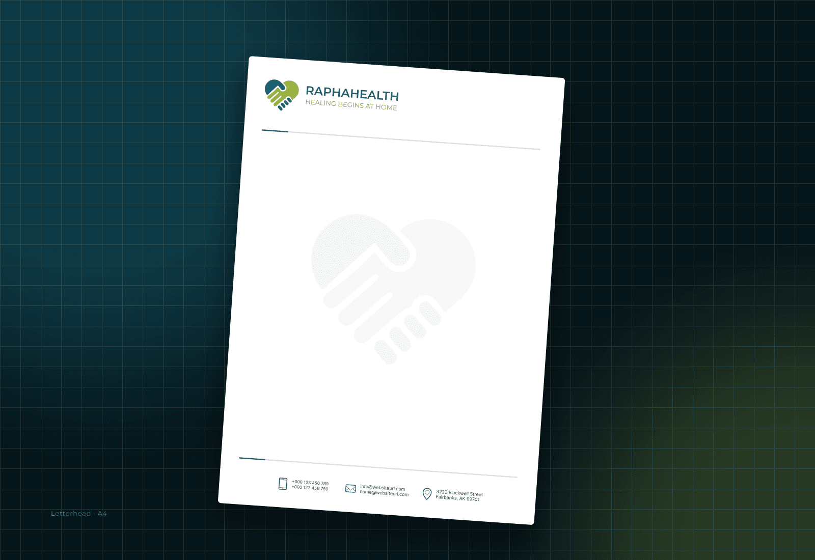 The A4 letterhead: the mark and RAPHAHEALTH wordmark with the tagline at the top, a large pale watermark of the mark across the page, and a ruled contact footer.