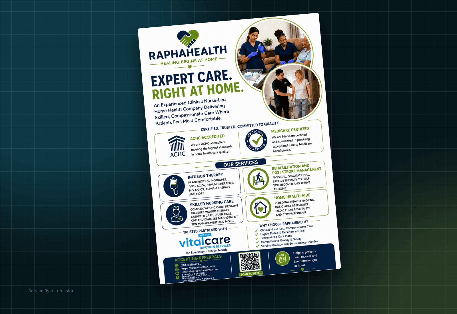 The service flyer: the mark, wordmark and tagline above the headline Expert care. Right at home., ACHC accreditation and Medicare certification, four outlined service cards, the infusion partner, a reasons-to-choose list, and a referral panel with a QR code.