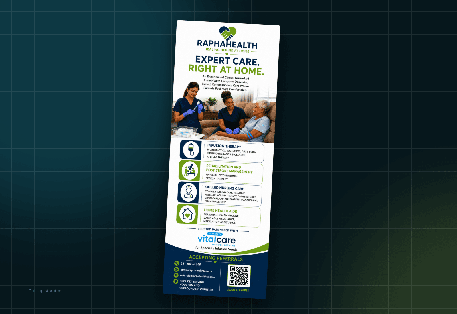 The pull-up standee: the mark, wordmark and tagline above the headline Expert care. Right at home., a photograph, four service blocks, the accreditation partner, and a referral panel with a QR code.