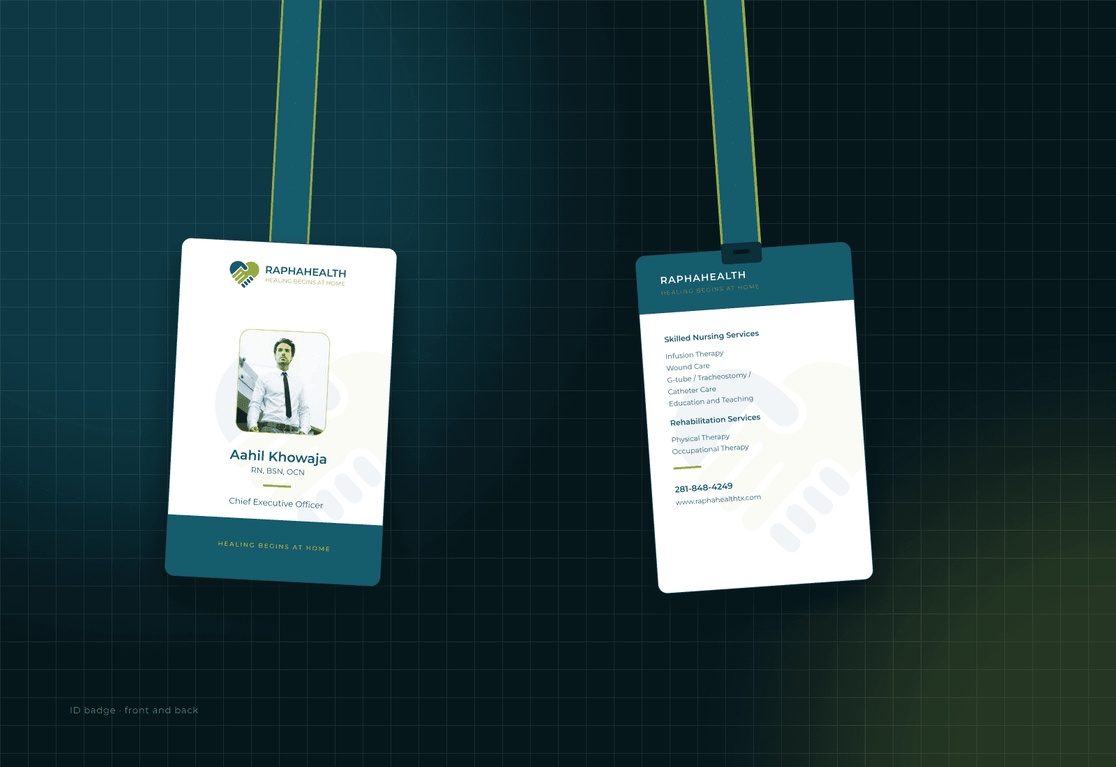 The ID badge, front and back: the mark, wordmark and tagline above a photograph panel, the holder’s name, credentials and role, and on the back the skilled nursing and rehabilitation service lists with the office number and website.