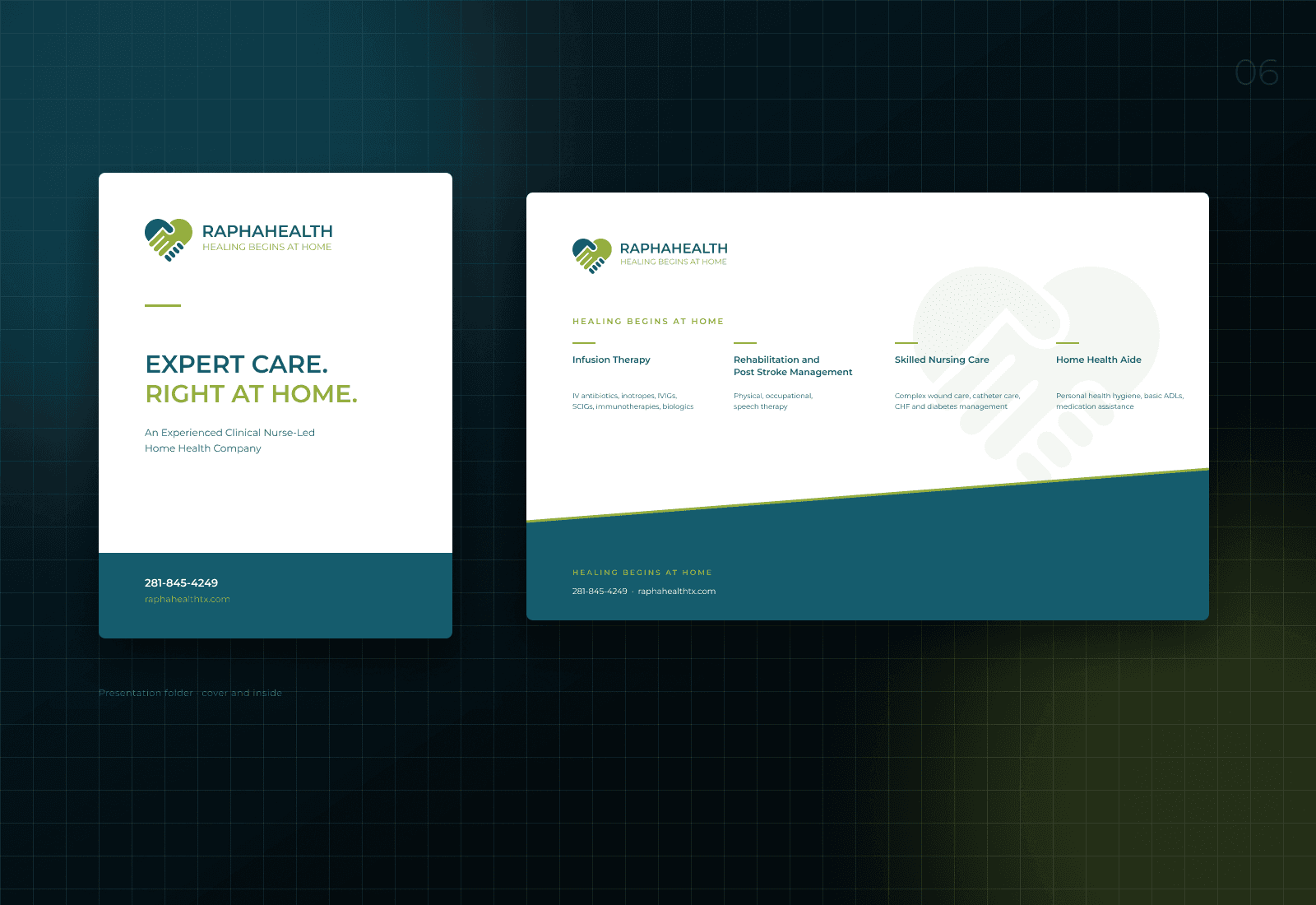 The presentation folder: the cover with the mark, the headline Expert care. Right at home. and a contact band, and the inside with the four services and an angled die-cut pocket.