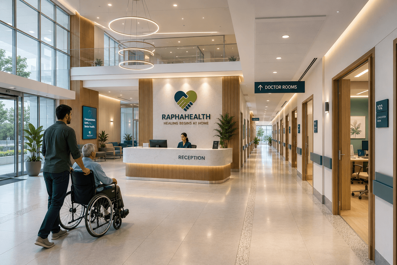 The Rapha Health identity applied in a care environment: the mark, the wordmark and the tagline on a reception wall