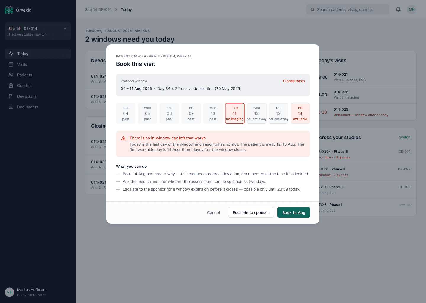 The booking dialog: the protocol window, each remaining day marked with why it does not work, a warning that no in-window day is left, and three courses of action each with its consequence