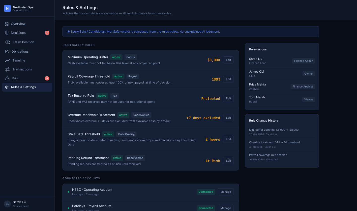 The rules and settings screen: six cash safety rules with their thresholds and edit controls, a permissions list, and a history of who changed which rule and when