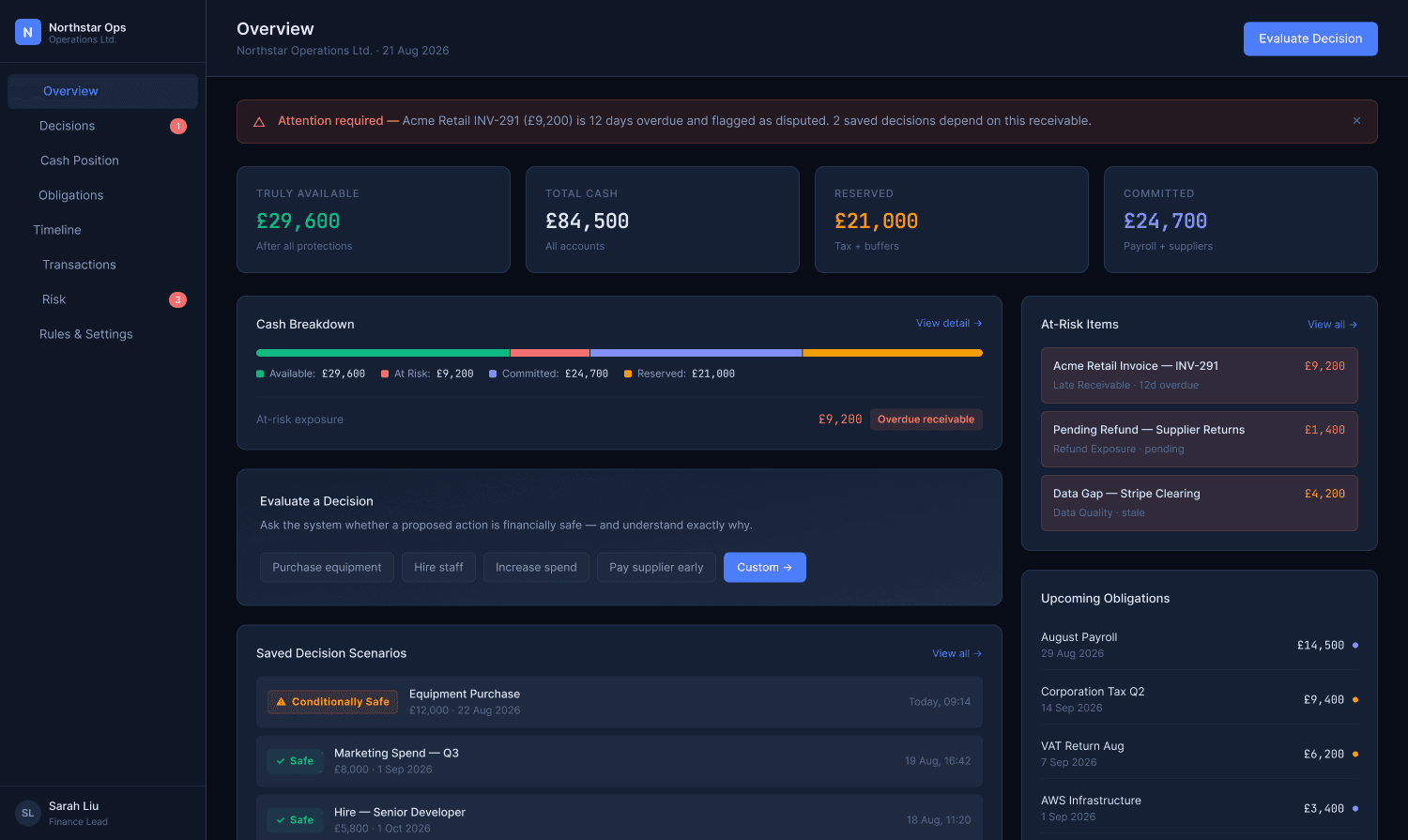 The overview: truly available cash beside total cash, the breakdown, the risk register and saved decisions