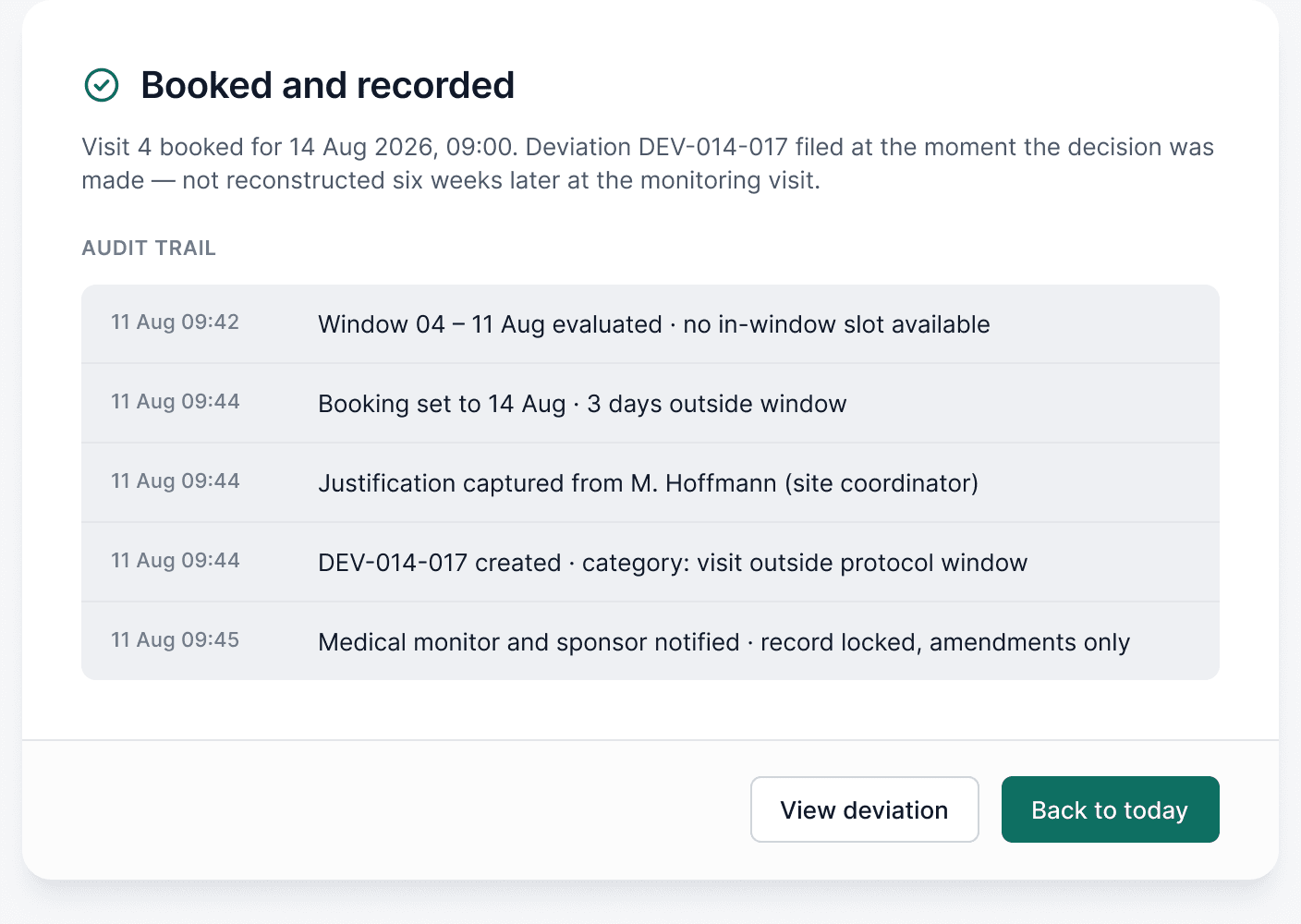 The filed deviation with its audit trail
